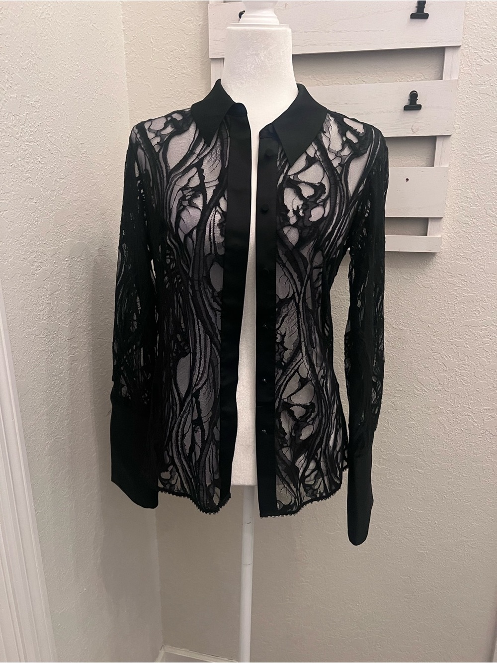 SIMKHAI Candela Black Sheer Lace Button Down Shirt Blouse Size S $395